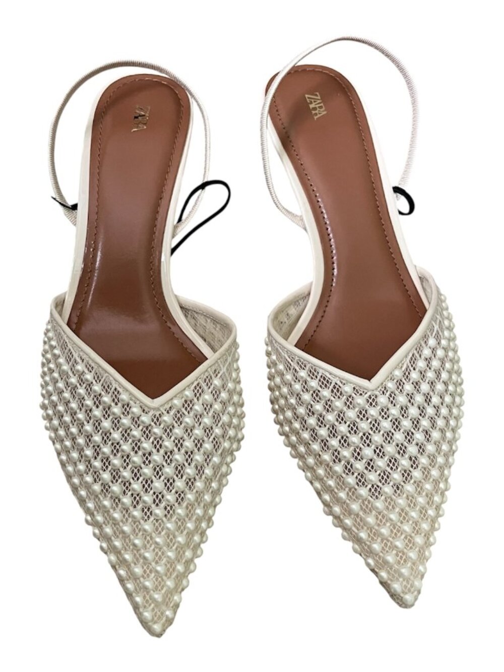 ZARA Pearl Slingback Heels White Pointed Toe Kitten Heel Bridal Pumps US 10 NWT